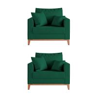 Kit 2 Poltronas Beny Decorativa Com 2 Almofadas Veludo Verde Base Em Madeira Maciça - 1