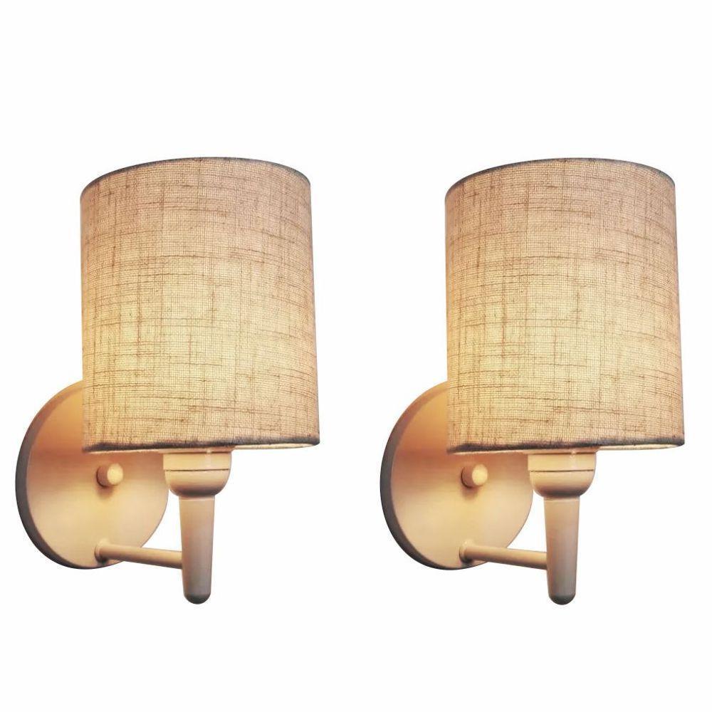 Kit/2 Arandela Cilíndrica Md-2009 Base Branco Cúpula Em Tecido 14x15cm Rustico Bege - Bivolt - 1