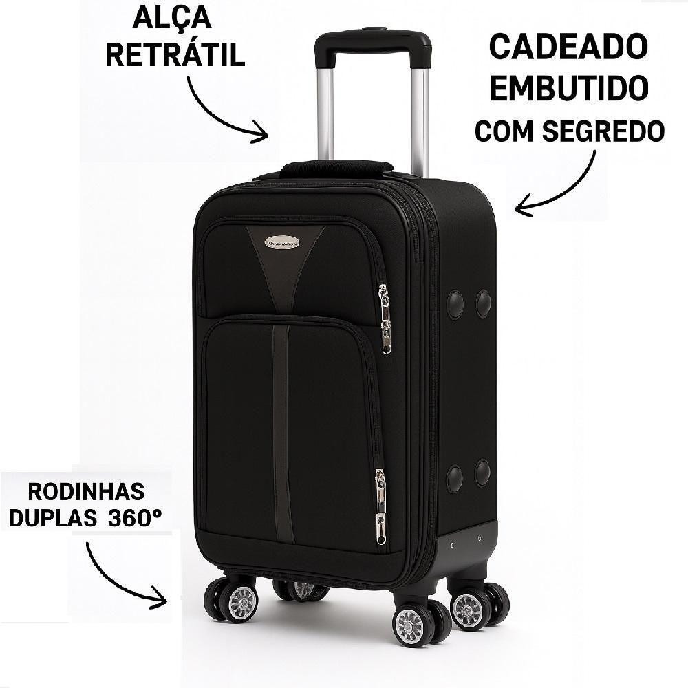 Kit Malas Viagem Rígidas 3 Peças Preta Expansível 4 Rodas Giratórias 360º Cadeado Senha Bolso - 5