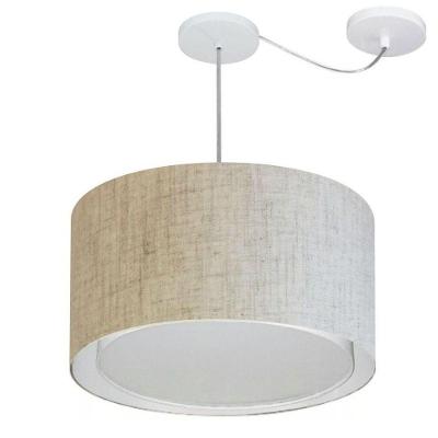 Lustre Pendente Cilíndrico Com Desvio De Centro Vivare Md-4307 Cúpula Em Tecido 45x30cm - Bivolt Rustico-bege 127/220v