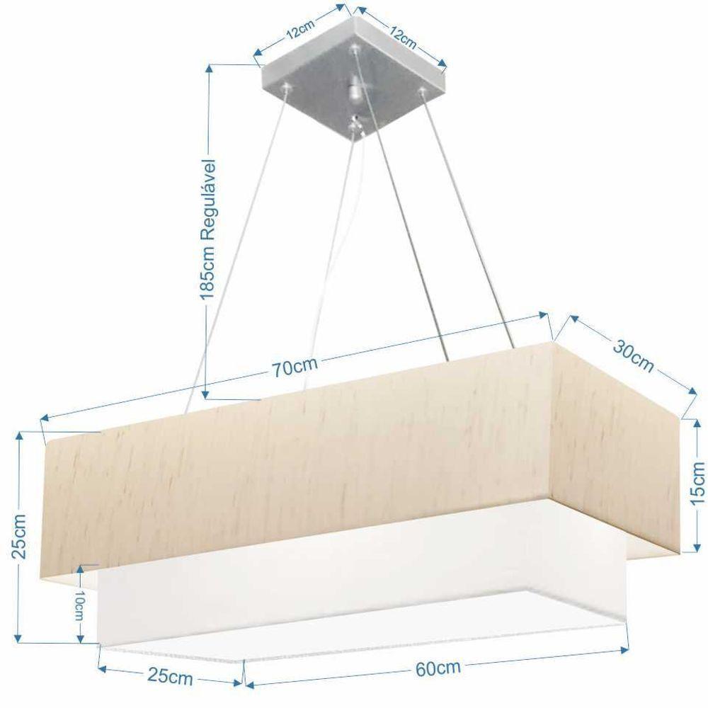 Lustre Pendente Retangular Vivare Md-4138 Cúpula Em Tecido 70x30cm X 60x25cm - Bivolt Linho-bege-branco 127/220v - 2