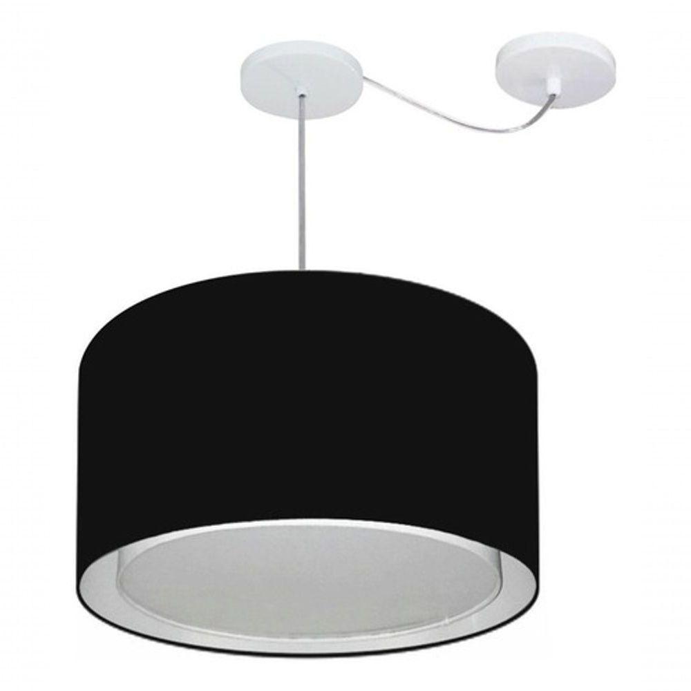 Lustre Pendente Cilíndrico Com Desvio De Centro Vivare Md-4313 Cúpula Em Tecido 45x30cm - Bivolt Preto 127/220v - 1
