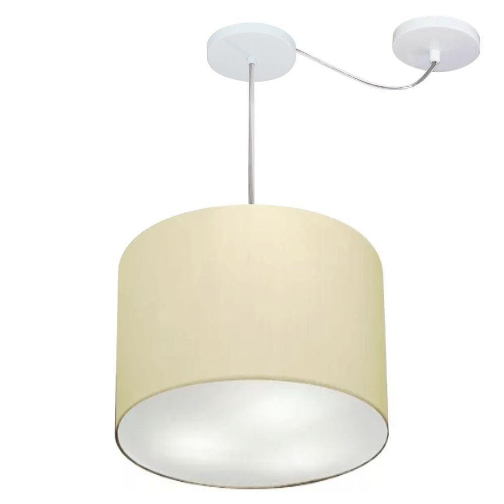 Lustre Pendente Cilíndrico Com Desvio De Centro Vivare Md-4258 Cúpula Em Tecido 40x30cm - Bivolt Algodão-crú 127/220v - 1