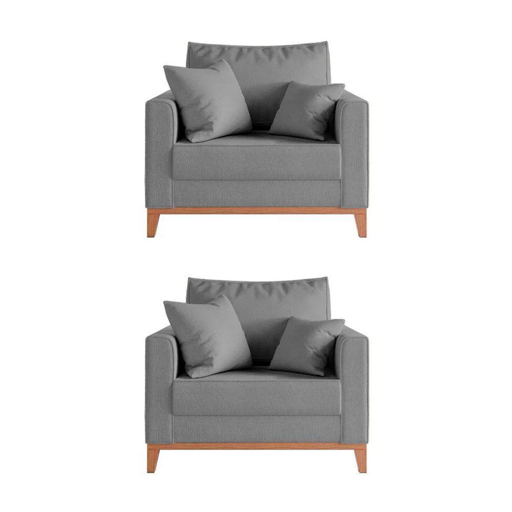 Kit 2 Poltronas Beny Decorativa Com 2 Almofadas Linho Cinza Base Em Madeira Maciça - 1