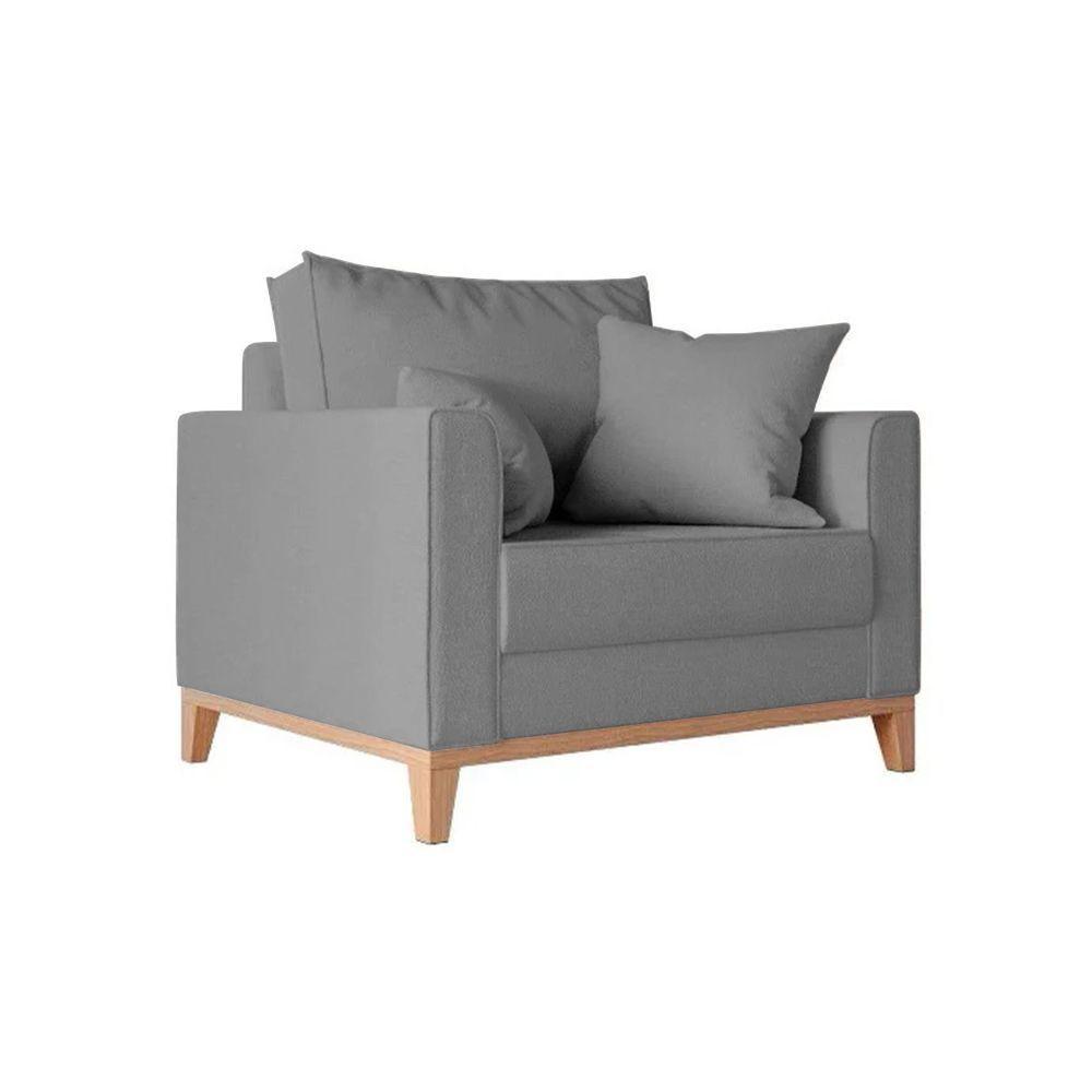 Kit 2 Poltronas Beny Decorativa Com 2 Almofadas Linho Cinza Base Em Madeira Maciça - 3