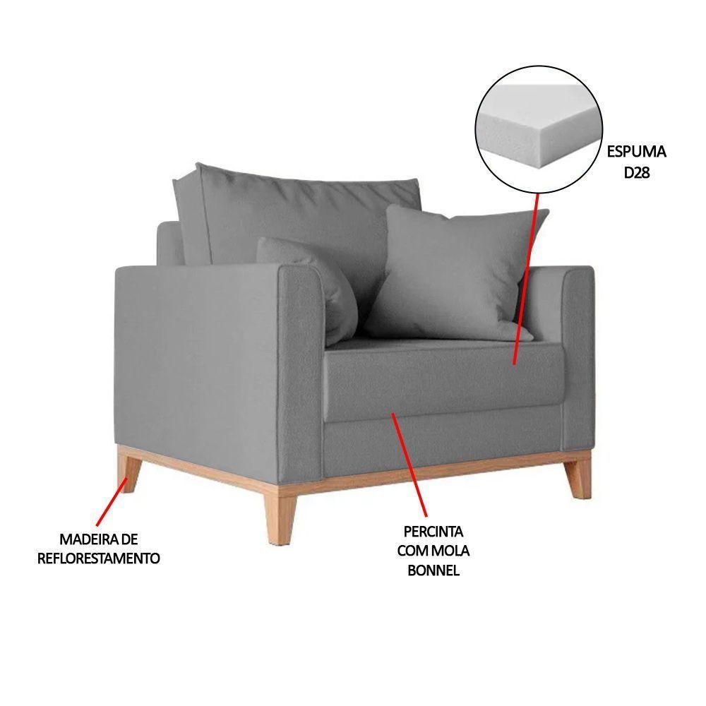 Kit 2 Poltronas Beny Decorativa Com 2 Almofadas Linho Cinza Base Em Madeira Maciça - 5