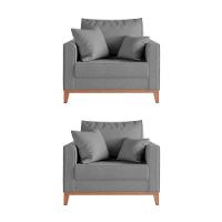 Kit 2 Poltronas Beny Decorativa Com 2 Almofadas Linho Cinza Base Em Madeira Maciça - 1