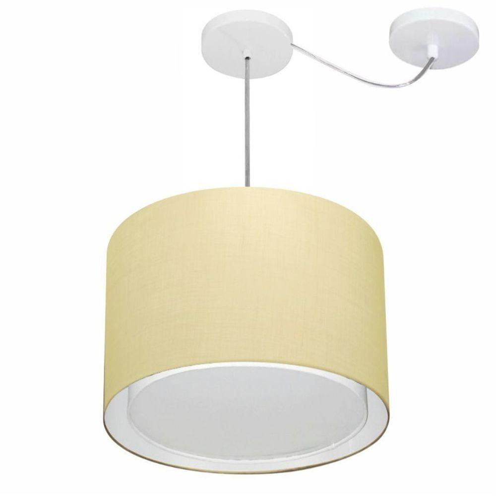 Lustre Pendente Cilíndrico Com Desvio De Centro Vivare Md-4312 Cúpula Em Tecido 40x30cm - Bivolt Algodão-crú 127/220v - 1