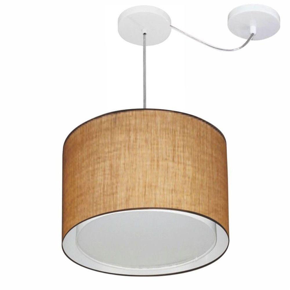 Lustre Pendente Cilíndrico Com Desvio De Centro Vivare Md-4312 Cúpula Em Tecido 40x30cm - Bivolt Palha 127/220v - 1