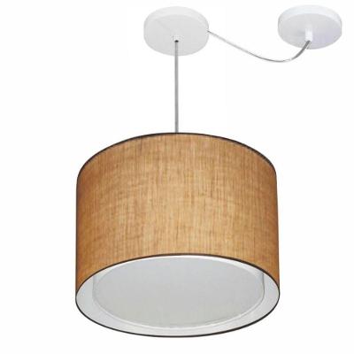 Lustre Pendente Cilíndrico Com Desvio De Centro Vivare Md-4312 Cúpula Em Tecido 40x30cm - Bivolt Palha 127/220v