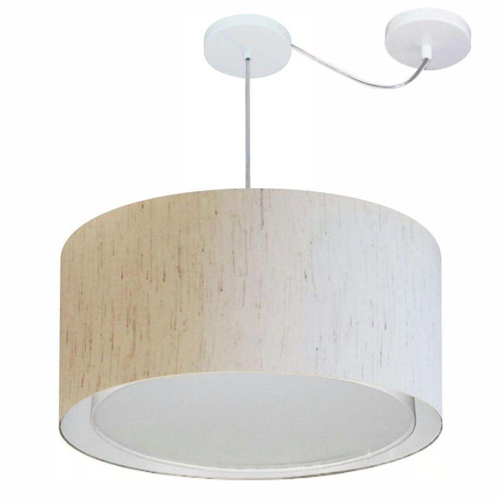 Lustre Pendente Cilíndrico Com Desvio De Centro Vivare Md-4316 Cúpula Em Tecido 55x30cm - Bivolt Linho Bege 127/220v - 1
