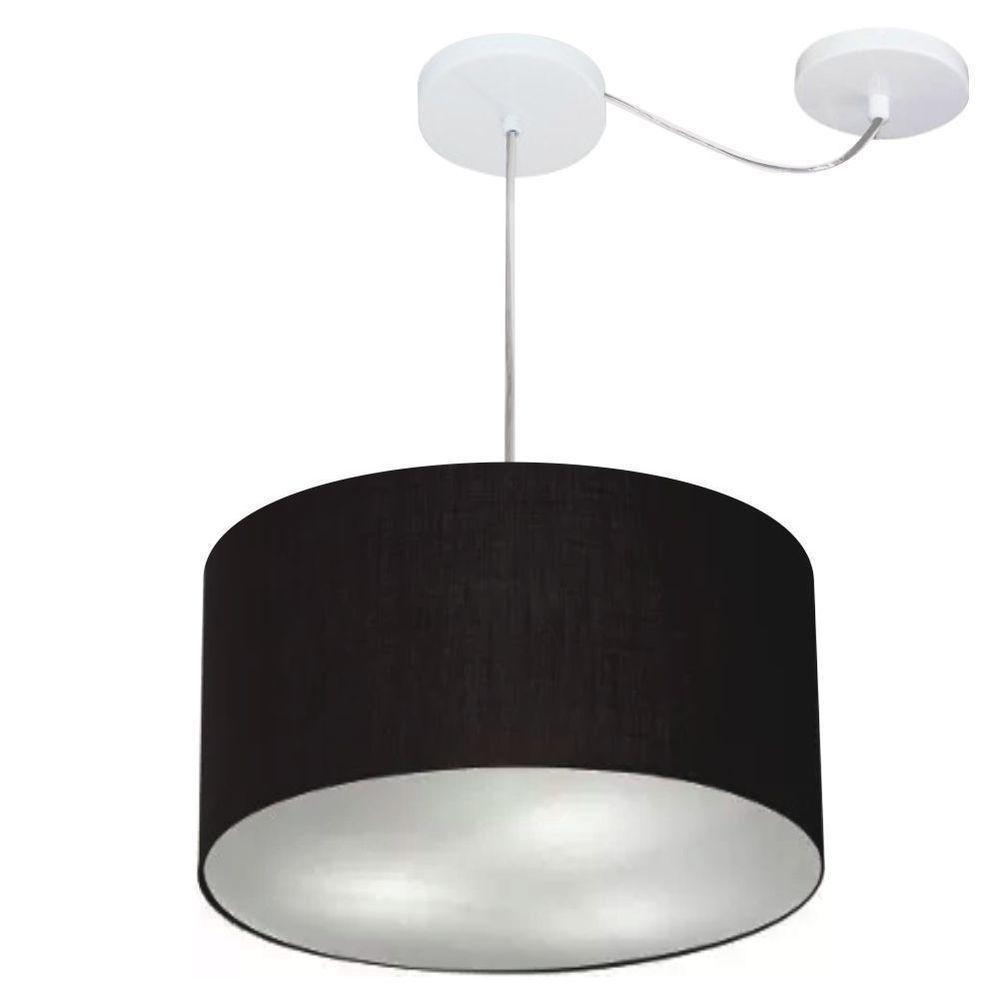 Lustre Pendente Cilíndrico Com Desvio De Centro Vivare Md-4256 Cúpula Em Tecido 40x21cm - Bivolt Preto 127/220v - 1