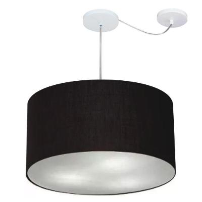 Lustre Pendente Cilíndrico Com Desvio De Centro Vivare Md-4253 Cúpula Em Tecido 55x30cm - Bivolt Preto 127/220v