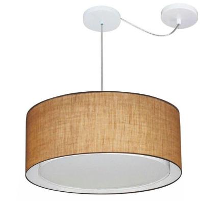 Lustre Pendente Cilíndrico Com Desvio De Centro Vivare Md-4314 Cúpula Em Tecido 50x25cm - Bivolt Palha 127/220v