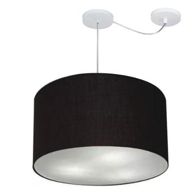 Lustre Pendente Cilíndrico Com Desvio De Centro Vivare Md-4239 Cúpula Em Tecido 45x30cm - Bivolt Preto 127/220v