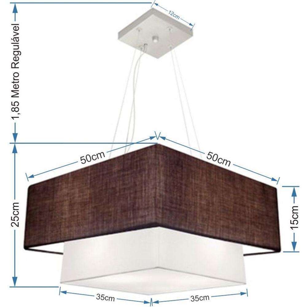 Lustre Pendente Duplo Quadrado Vivare Md-4066 Cúpula Em Tecido 50x35cm Café - Branco - Bivolt - 2