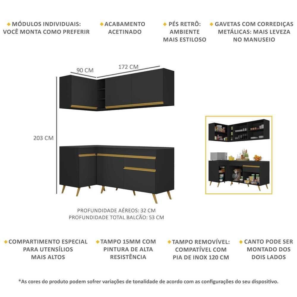 Cozinha Compacta De Canto Veneza Gb Mp2057 Com Armário E Balcão Preta - 2