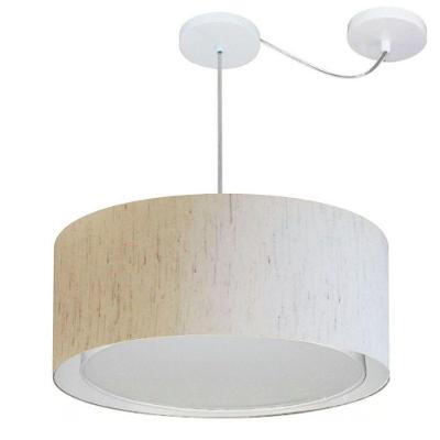 Lustre Pendente Cilíndrico Com Desvio De Centro Vivare Md-4314 Cúpula Em Tecido 50x25cm - Bivolt Linho Bege 127/220v