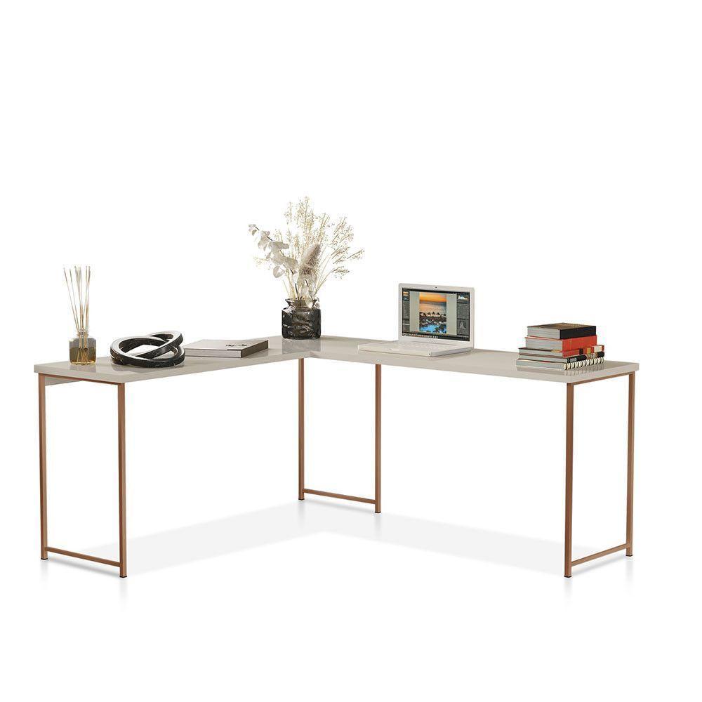 Mesa Em L Sem Prateleira Office Em Mdf Industrial Klm Store Bronze Com Off White - 1