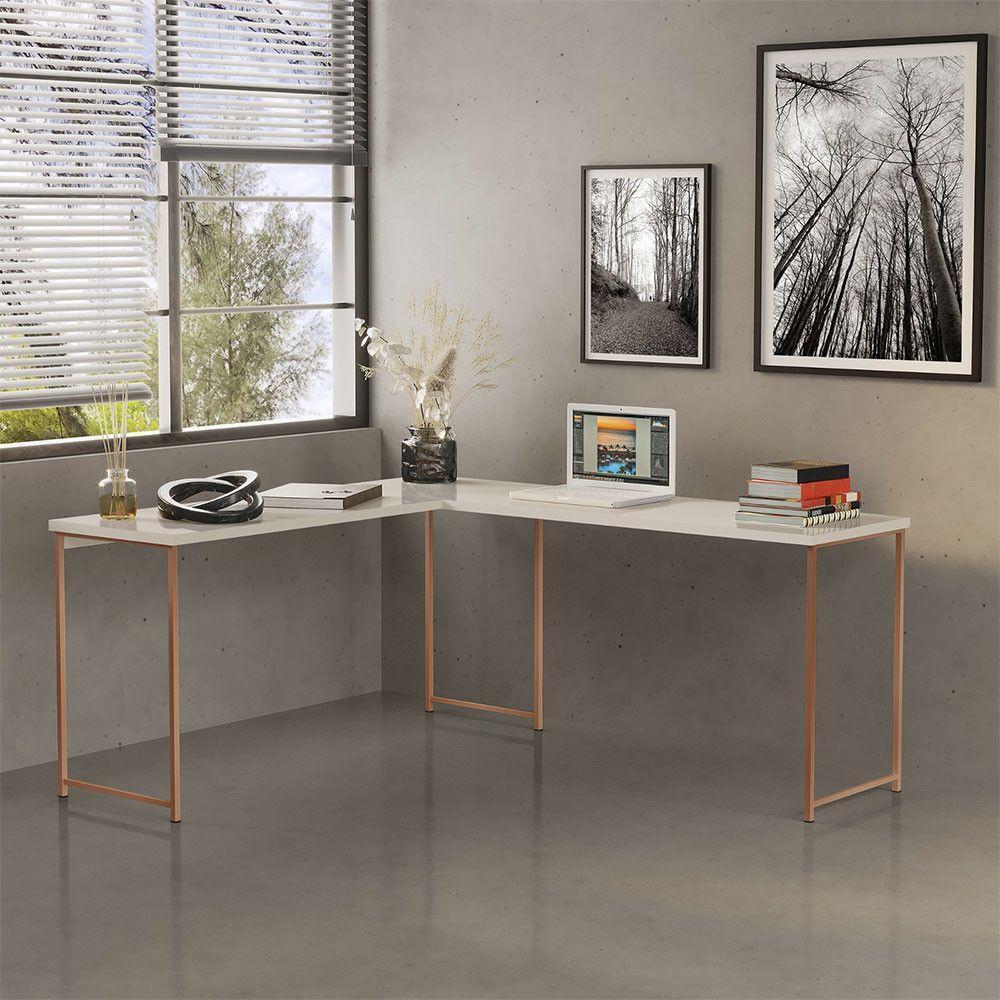 Mesa Em L Sem Prateleira Office Em Mdf Industrial Klm Store Bronze Com Off White - 2