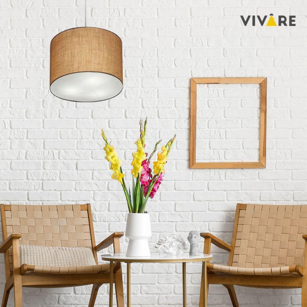 Lustre Pendente Cilíndrico Vivare Md-4209 Cúpula Em Tecido 25x25cm - Bivolt Palha 127/220v - 3