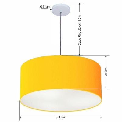 Lustre Pendente Cilíndrico Vivare Free Lux Md-4386 Cúpula Em Tecido - 50x25 Laranja Canopla Branca E Fio Cristal