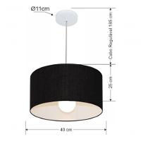 Lustre Pendente Cilíndrico Vivare Md-4202 Cúpula Em Tecido 40x25cm - Bivolt Preto 127/220v - 4