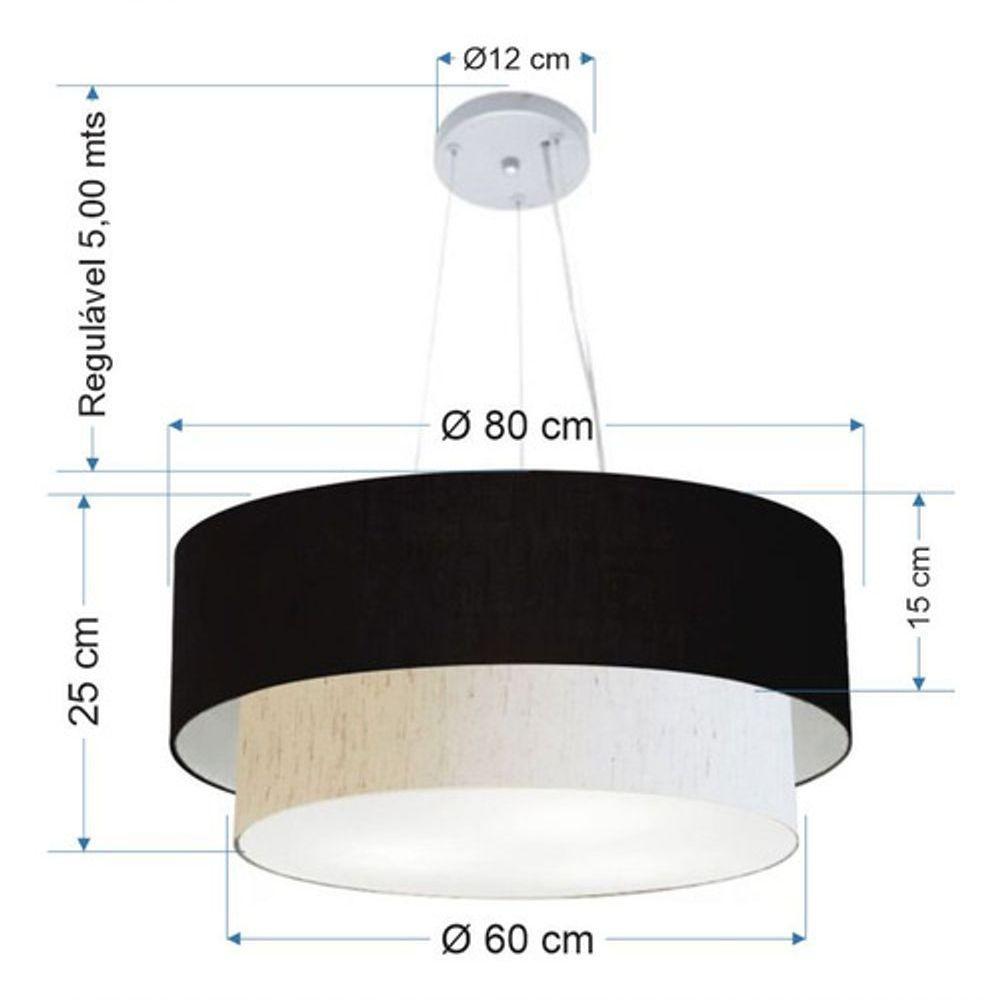 Lustre Pendente Duplo Cilíndrico Vivare Md-4073 Cúpula Em Tecido 80x60cm - Bivolt Preto-linho-bege 127/220v - 4