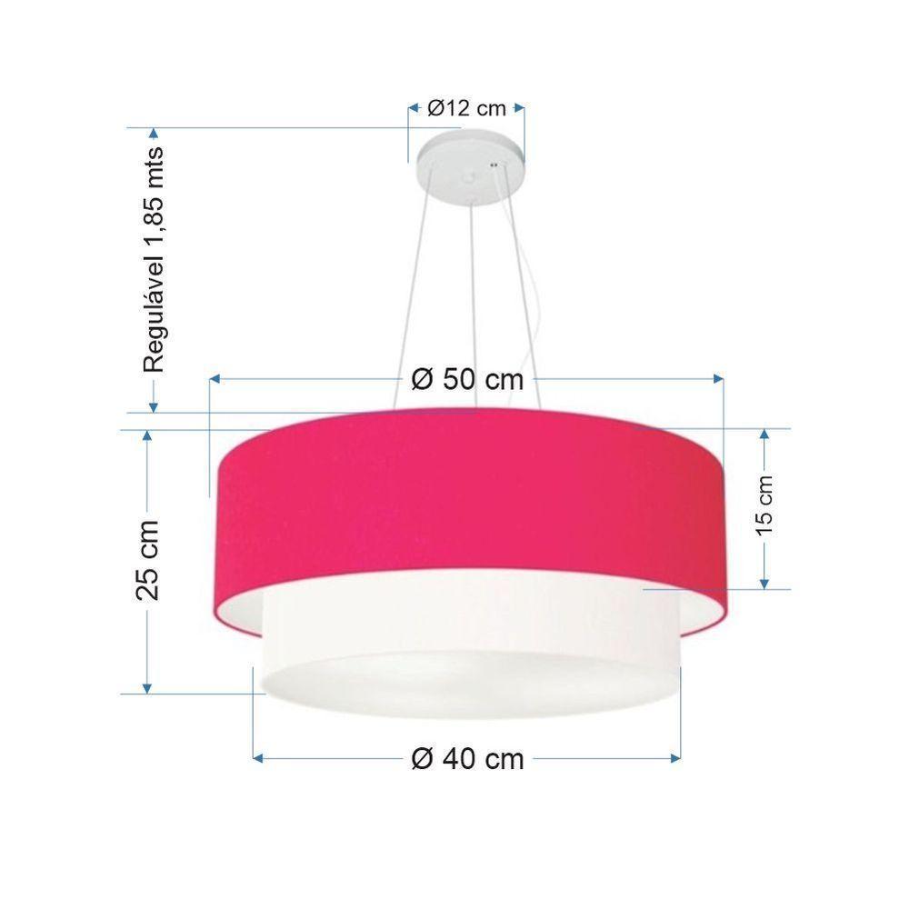 Lustre Pendente Duplo Cilíndrico Vivare Md-4061 Cúpula Tecido 50x40cm - Bivolt Rosa-pink-branco 127/220v - 2