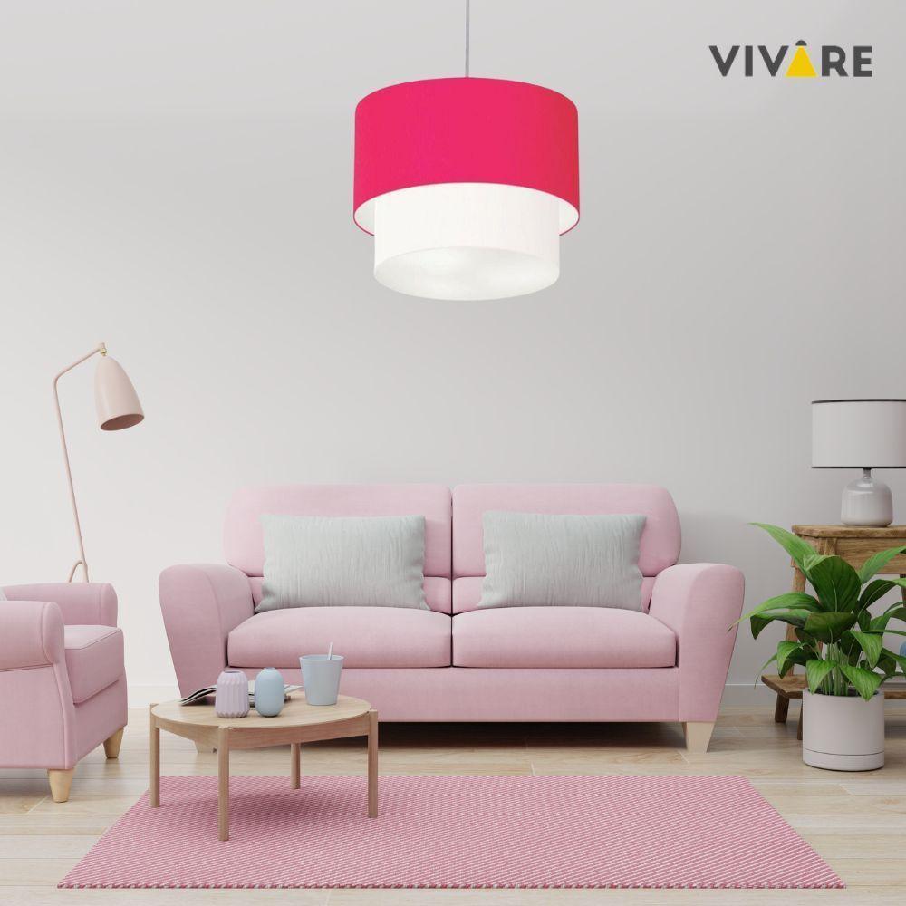 Lustre Pendente Duplo Cilíndrico Vivare Md-4061 Cúpula Tecido 50x40cm - Bivolt Rosa-pink-branco 127/220v - 3