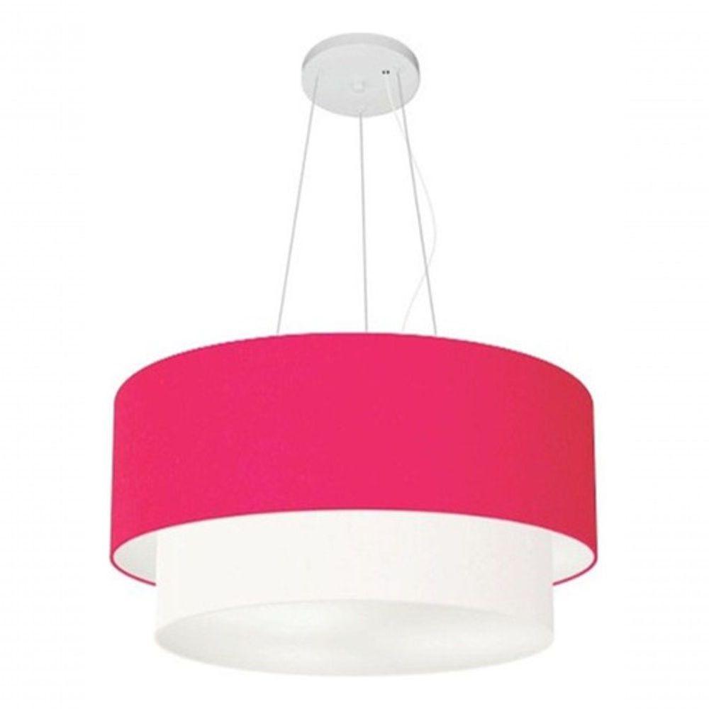 Lustre Pendente Duplo Cilíndrico Vivare Md-4061 Cúpula Tecido 50x40cm - Bivolt Rosa-pink-branco 127/220v - 4