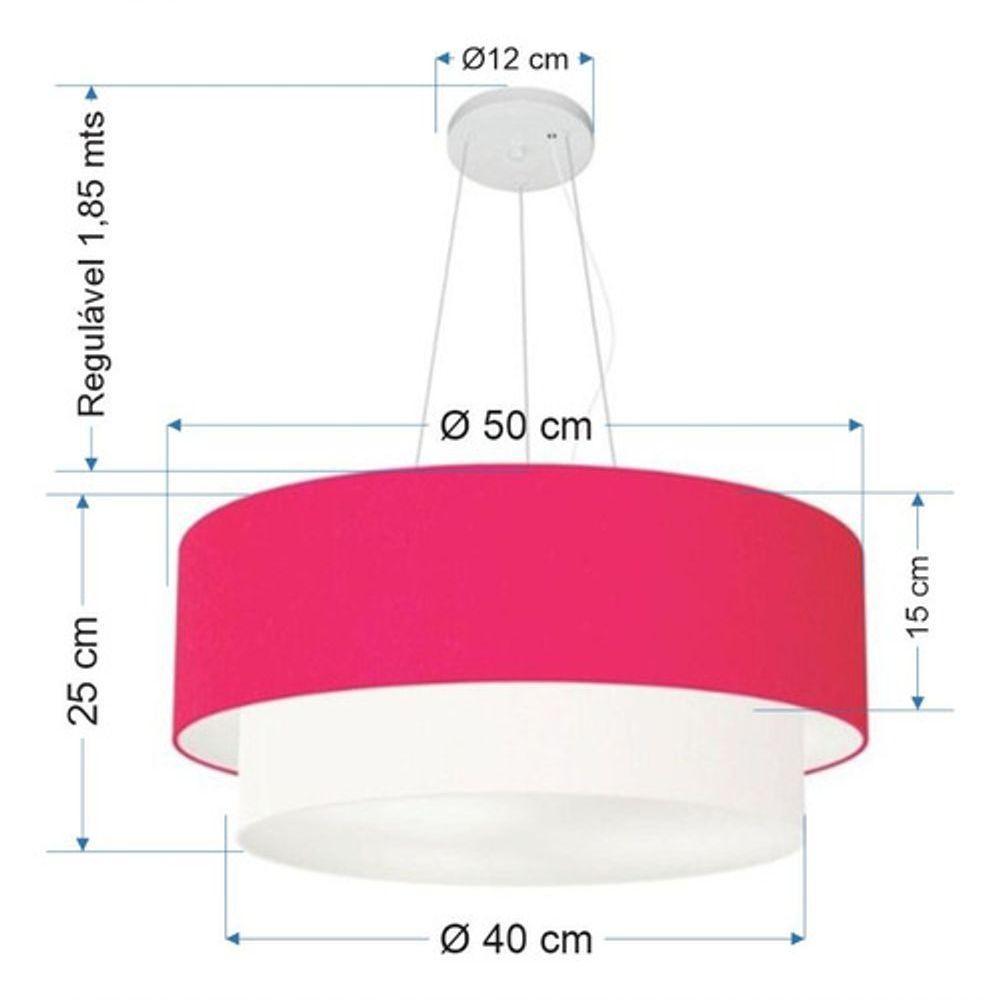 Lustre Pendente Duplo Cilíndrico Vivare Md-4061 Cúpula Tecido 50x40cm - Bivolt Rosa-pink-branco 127/220v - 5