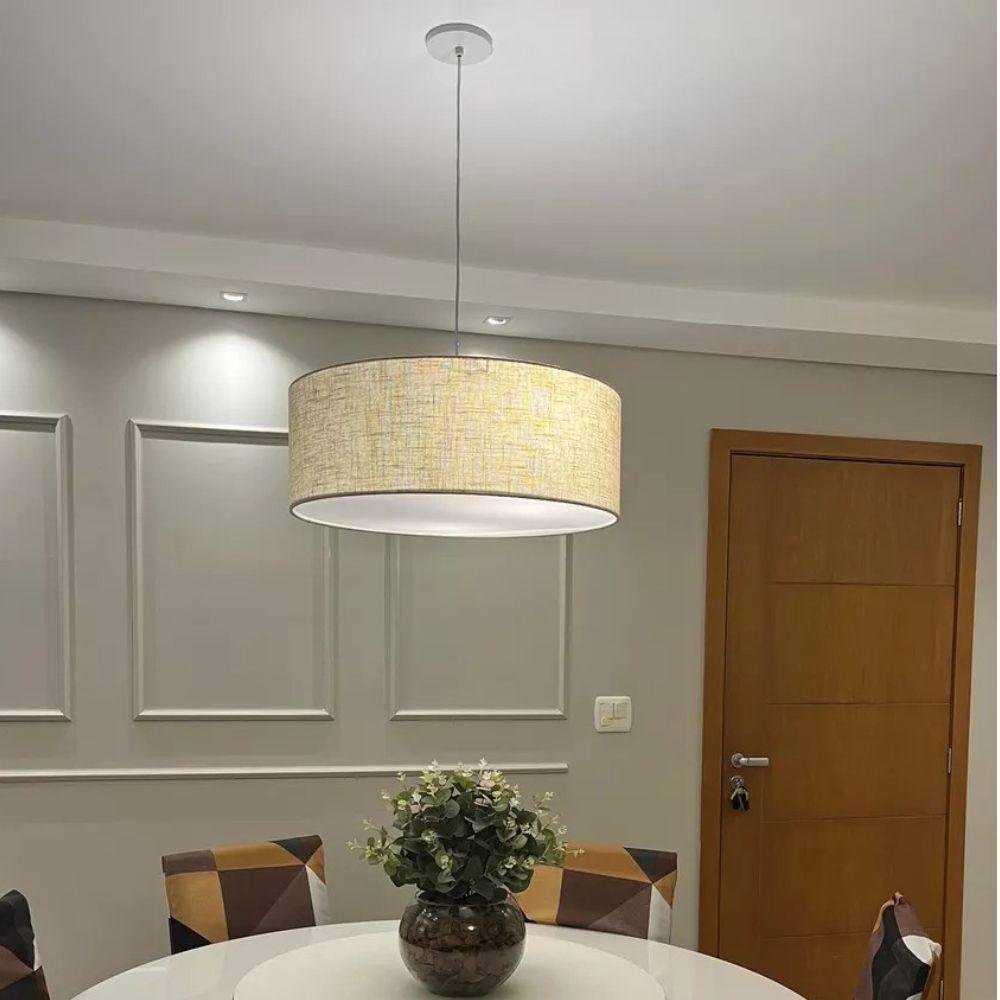 Lustre Pendente Cilíndrico Md-4049 Cúpula Em Tecido 50x21cm Rustico Bege - Bivolt - 1