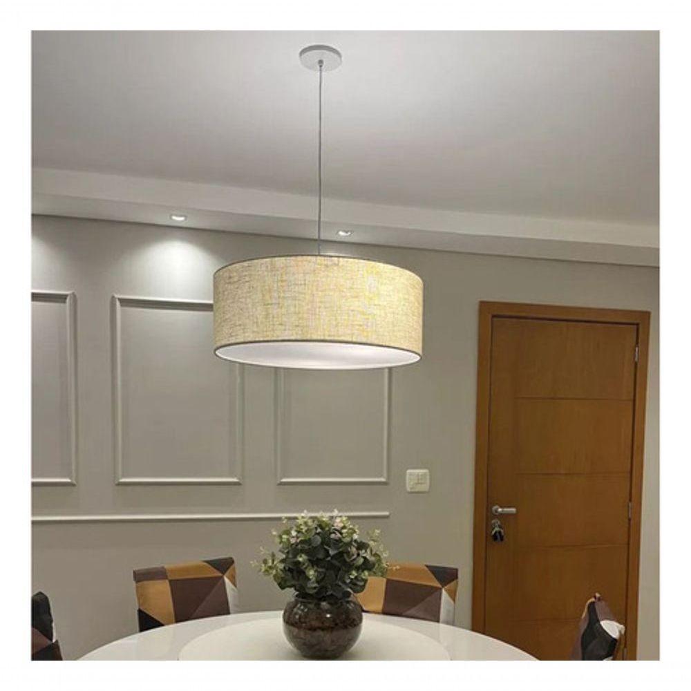 Lustre Pendente Cilíndrico Md-4049 Cúpula Em Tecido 50x21cm Rustico Bege - Bivolt - 5