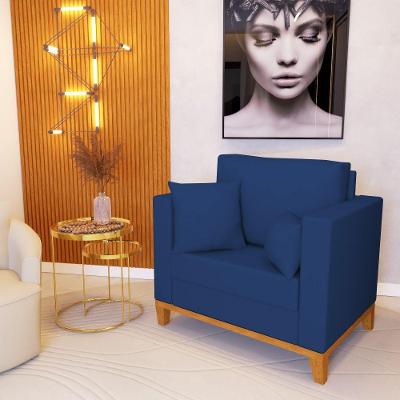 Poltrona Beny Decorativa Com 2 Almofadas Veludo Azul Base Em Madeira Maciça