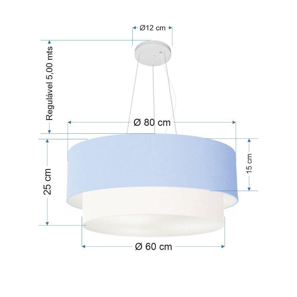 Lustre Pendente Duplo Cilíndrico Vivare Md-4073 Cúpula Tecido 80x60cm - Bivolt Azul-bebê-branco 127/220v - 2