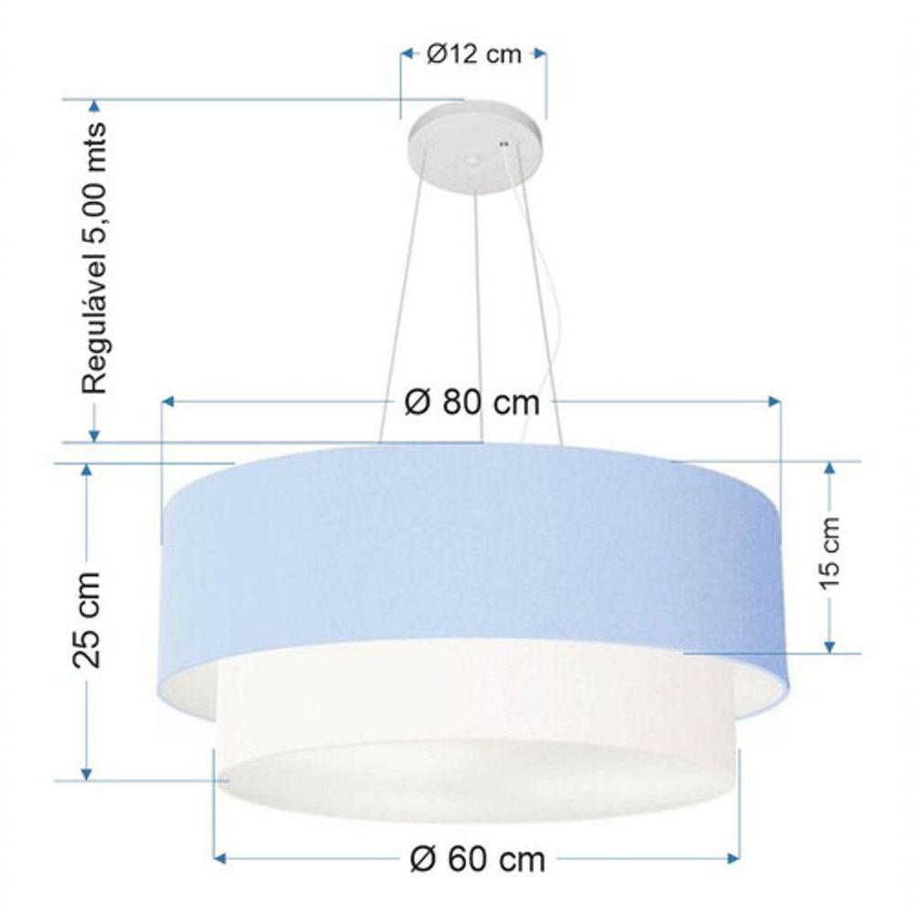 Lustre Pendente Duplo Cilíndrico Vivare Md-4073 Cúpula Tecido 80x60cm - Bivolt Azul-bebê-branco 127/220v - 4