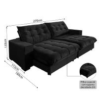 Sofá Califórnia Retrátil E Reclinável 5 Lugares 2,70m Com Molas Ensacadas E Pillow Preto - 3