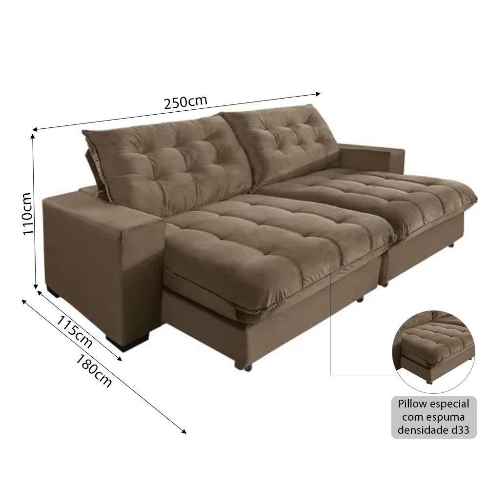 Sofá Califórnia Retrátil E Reclinável 5 Lugares 2,50m Com Molas Ensacadas E Pillow Castor - 3