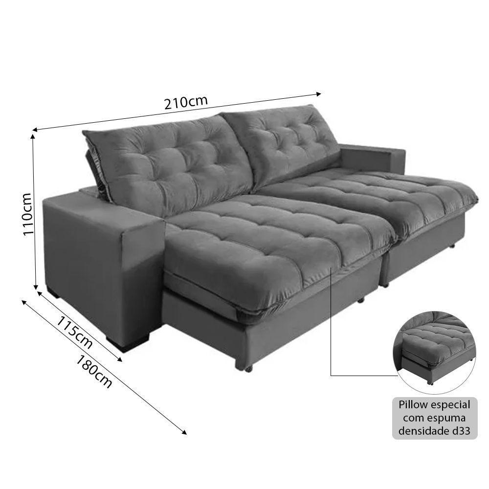 Sofá Califórnia Retrátil E Reclinável 3 Lugares 2,10m Com Molas Ensacadas E Pillow Cinza - 3