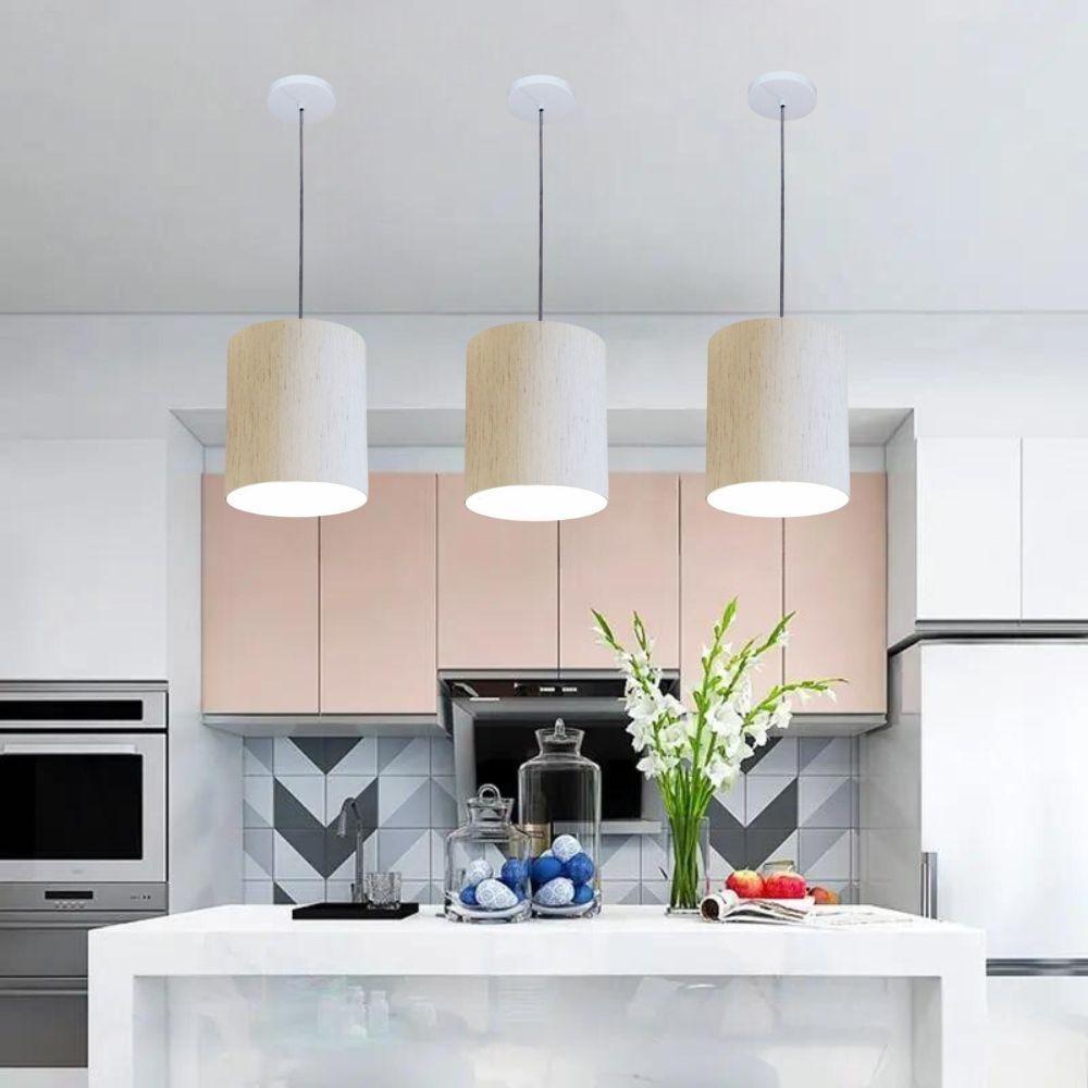 Kit/3 Lustre Pendente Cilíndrico Md-4012 Cúpula Em Tecido 18x25cm Linho Bege - Bivolt - 4