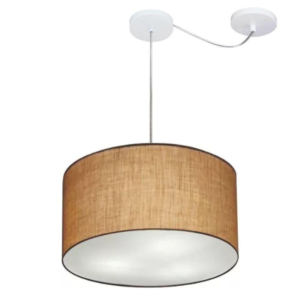 Lustre Pendente Cilíndrico Com Desvio De Centro Vivare Md-4163 Cúpula Em Tecido 40x25cm - Bivolt Palha 127/220v - 1