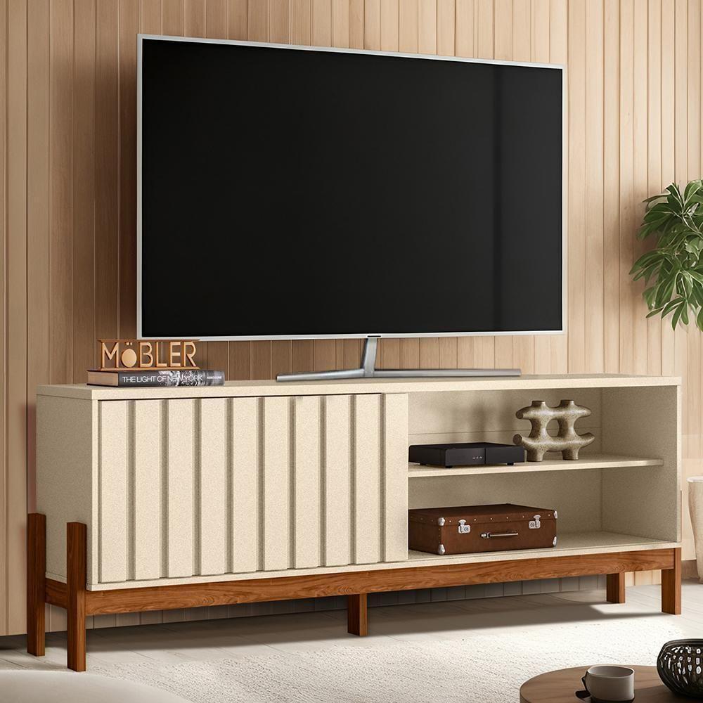 Rack Bancada New Aurora 188cm Pérola Metalizado-cinamomo Mel Para Tv Até 75 - Mobler Pérola Metalizado-cinamomo Mel - 4