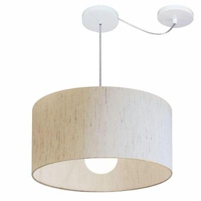 Lustre Pendente Cilíndrico Com Desvio De Centro Vivare Md-4228 Cúpula Em Tecido 45x25cm - Bivolt Linho Bege 127/220v