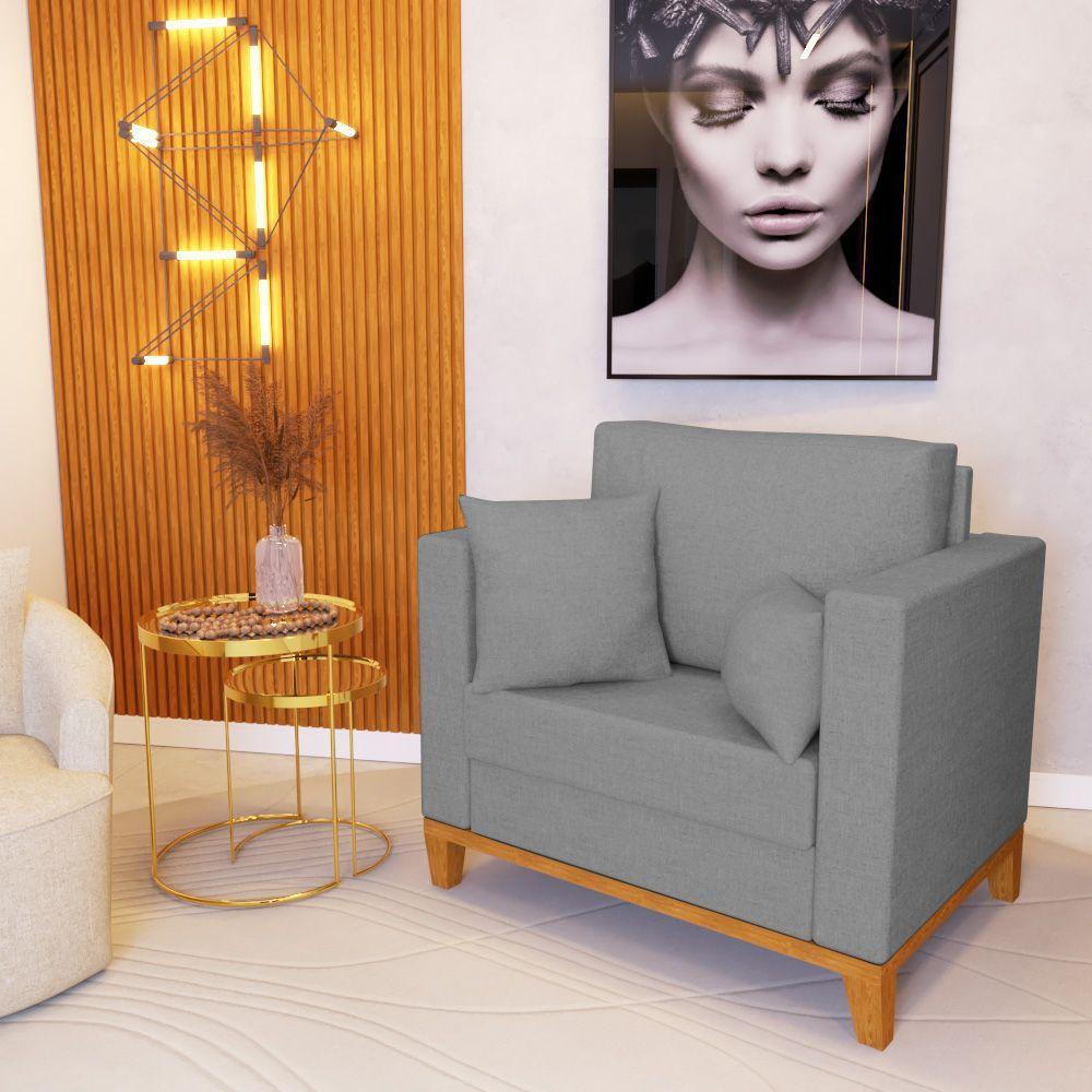 Poltrona Beny Amamentação Com 2 Almofadas Base Em Madeira Maciça Tecido Linho Cinza - 1