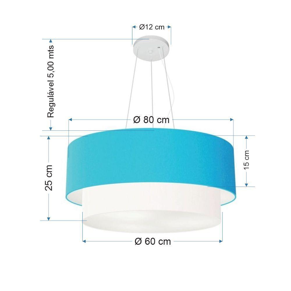 Lustre Pendente Duplo Cilíndrico Vivare Md-4073 Cúpula Tecido 80x60cm - Bivolt Azul-turquesa-branco 127/220v - 2