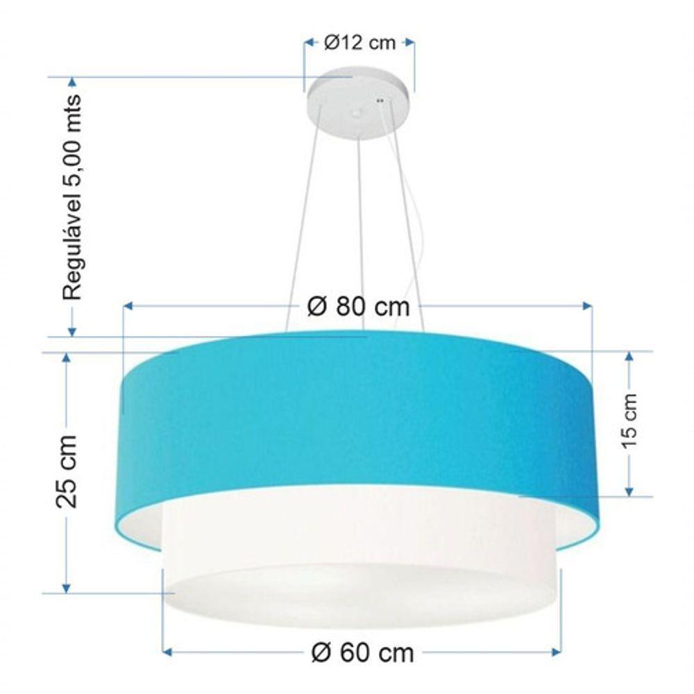 Lustre Pendente Duplo Cilíndrico Vivare Md-4073 Cúpula Tecido 80x60cm - Bivolt Azul-turquesa-branco 127/220v - 4