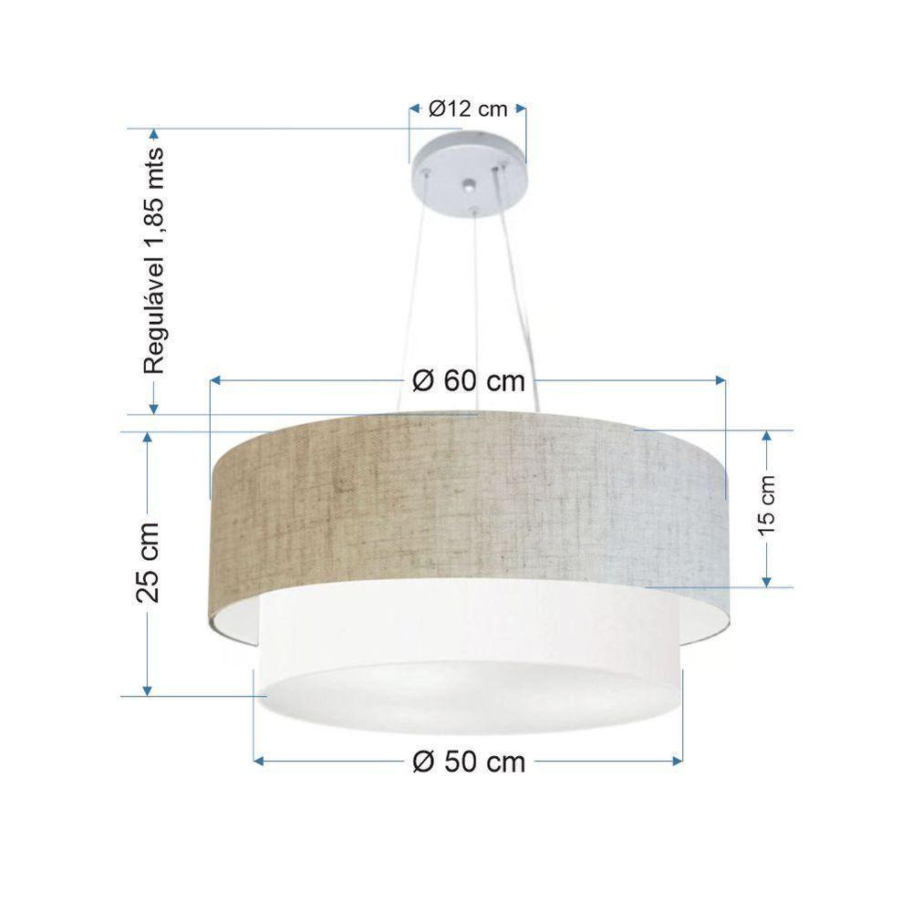 Lustre Pendente Duplo Cilíndrico Vivare Md-4082 Cúpula Em Tecido 60x50cm - Bivolt Rustico-bege-branco 127/220v - 2