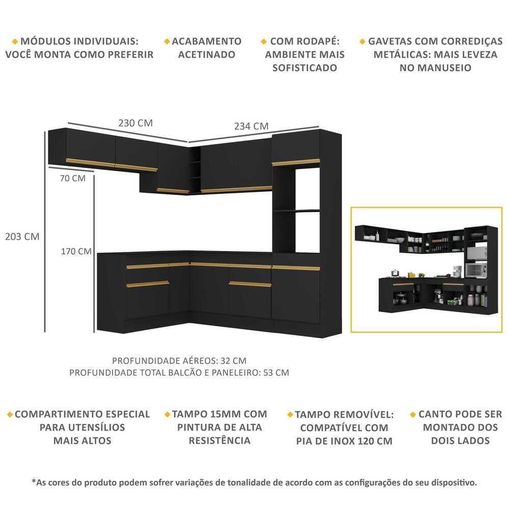 Cozinha Completa De Canto Mp2105 Com Armário E Balcão Preta - 6