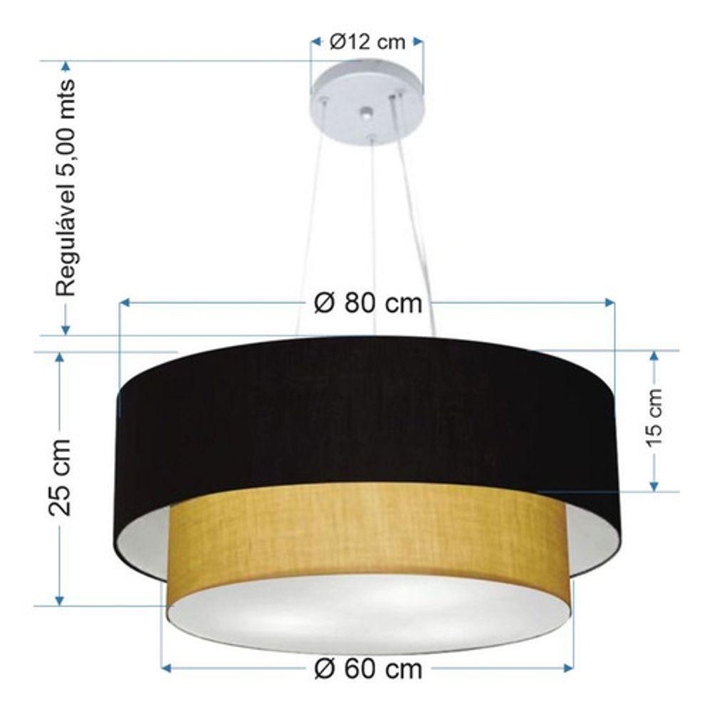 Lustre Pendente Duplo Cilíndrico Vivare Md-4073 Cúpula Em Tecido 80x60cm - Bivolt Preto-palha 127/220v - 4